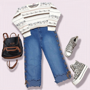 𝅺VINTAGE Western Gypsy Light Cropped Laced Denim